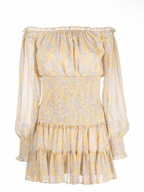 Likely Yellow Paisley Off-Shoulder Smocked Mini Dress Size 8 New